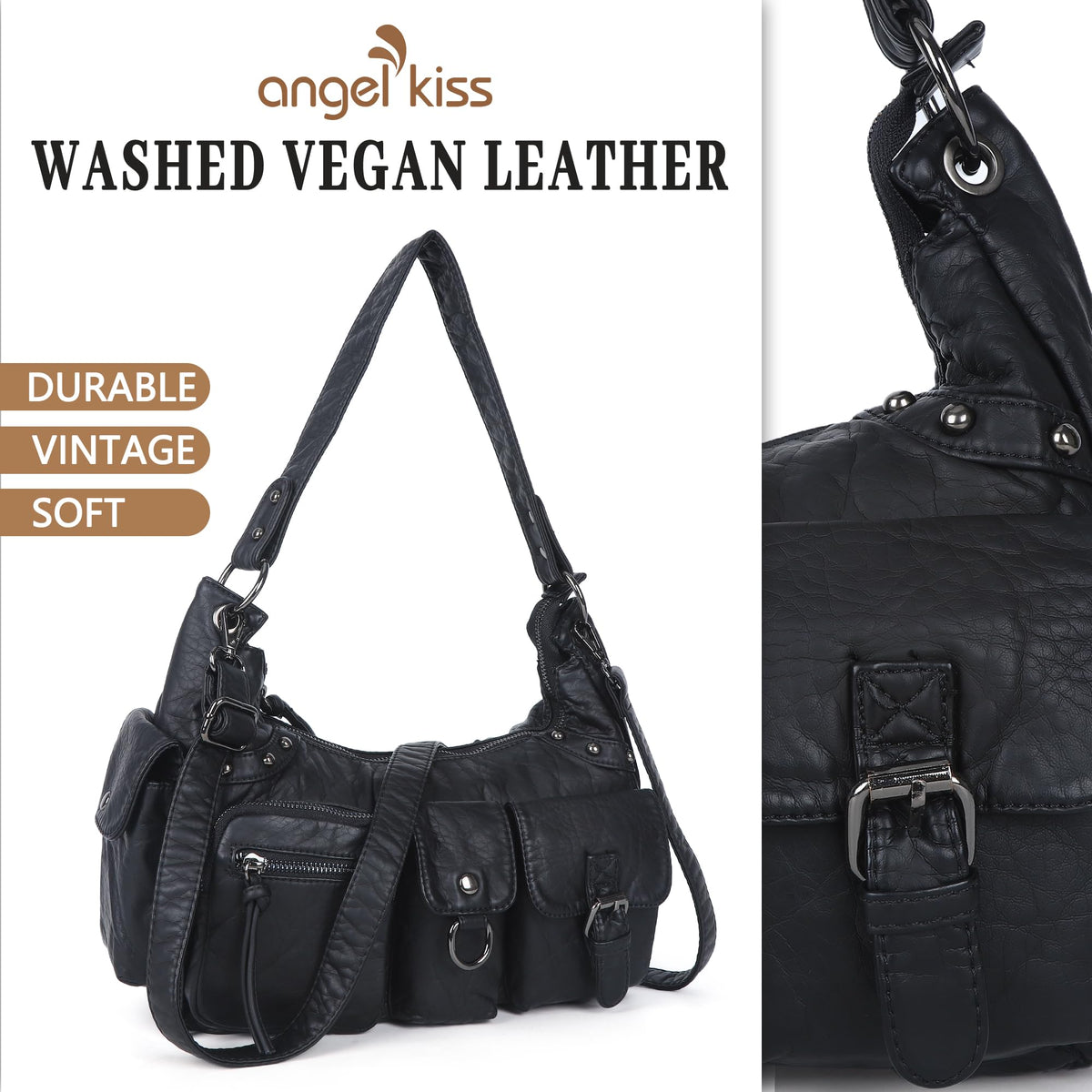 Angel Kiss Hobo Bag for Women Small, Soft Vegan Leather Shoulder Purses and Handbag with Multi-Pocket, Retro Tote Bag Crossbody with Top-Handle and Removable Strap,Black