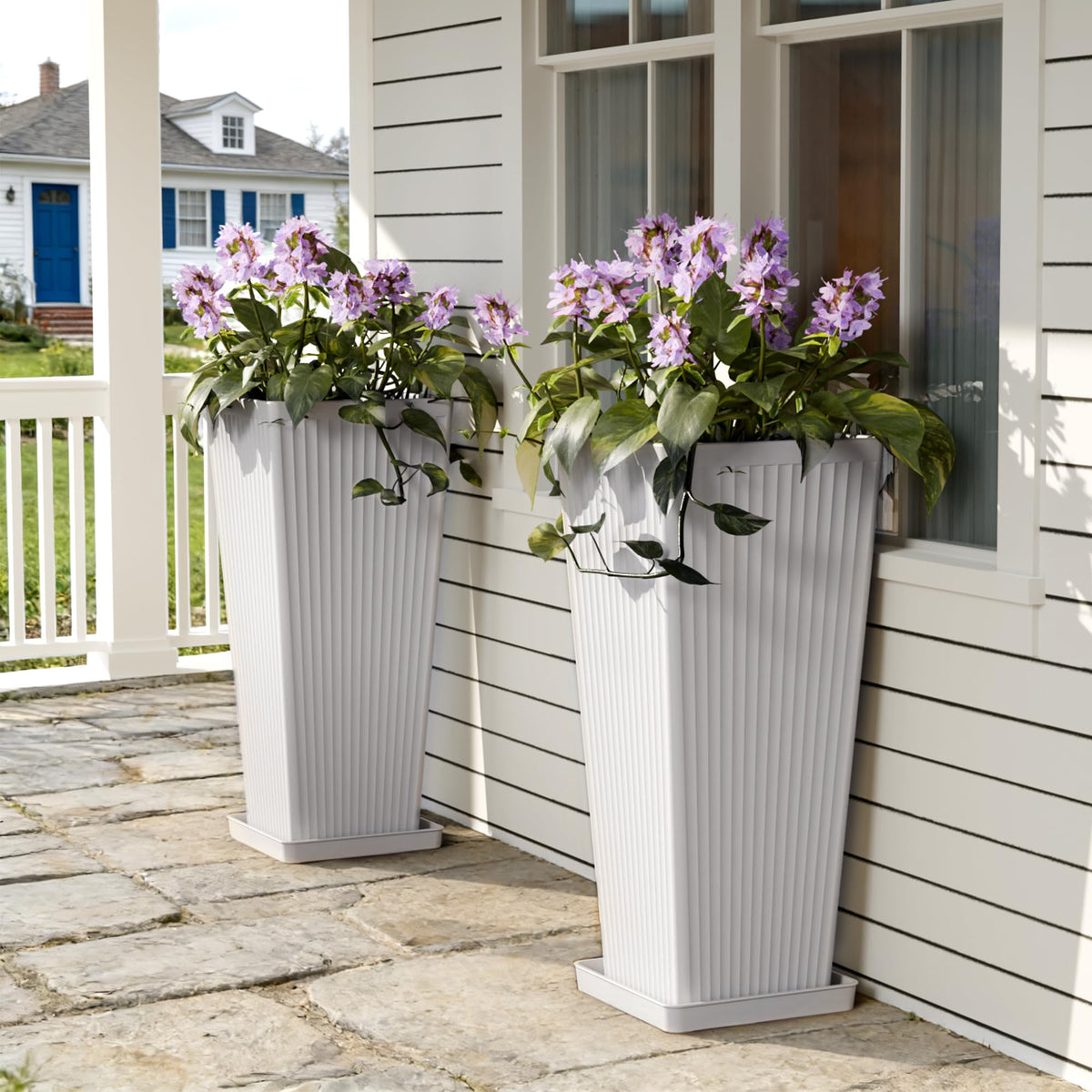 Trygoal White Square Tall Planters for Outdoor Plants Set of 2-23.6" Modern Tapered Indoor Flower Pots with Drainage Holes/Partition/Tray, Large Outdoor Planters for Porch Patio Garden Front Porch