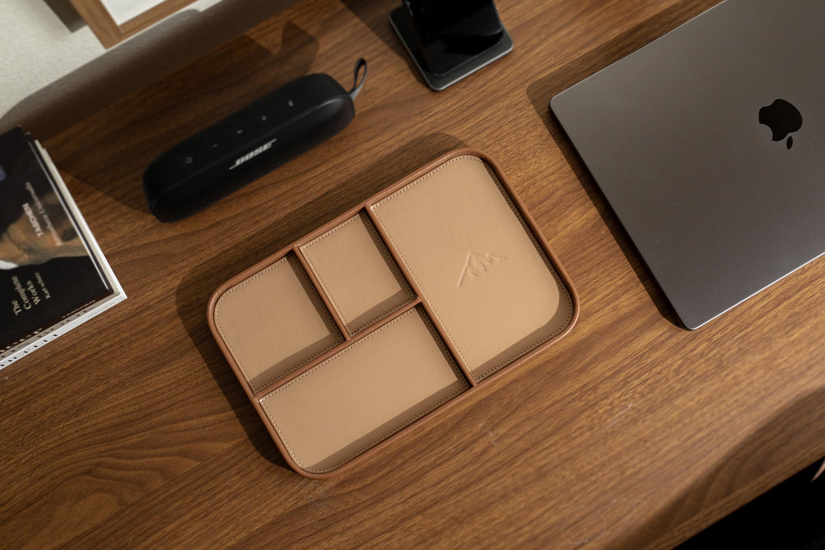 MUUJEE Leather Catchall Multitray (Design 1) - 11.65 x 7.75 x 0.8, Everyday Watch and Wallet Caddy Organizer with 4 Compartments, Accessory Glasses Phone Valet Dump Tray for Bedside Nightstand, Tan