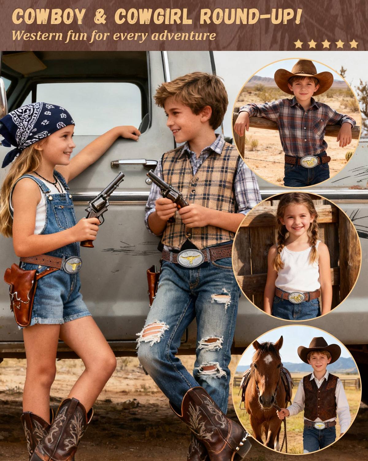 AWAYTR Kids Western Belt with Detachable Buckle - PU Leather, 3 Sizes (23"-34.5"), Adjustable for Daily Wear & Halloween (Cow Buckle-Dark Brown, Fit Waist: 26.5"-30")