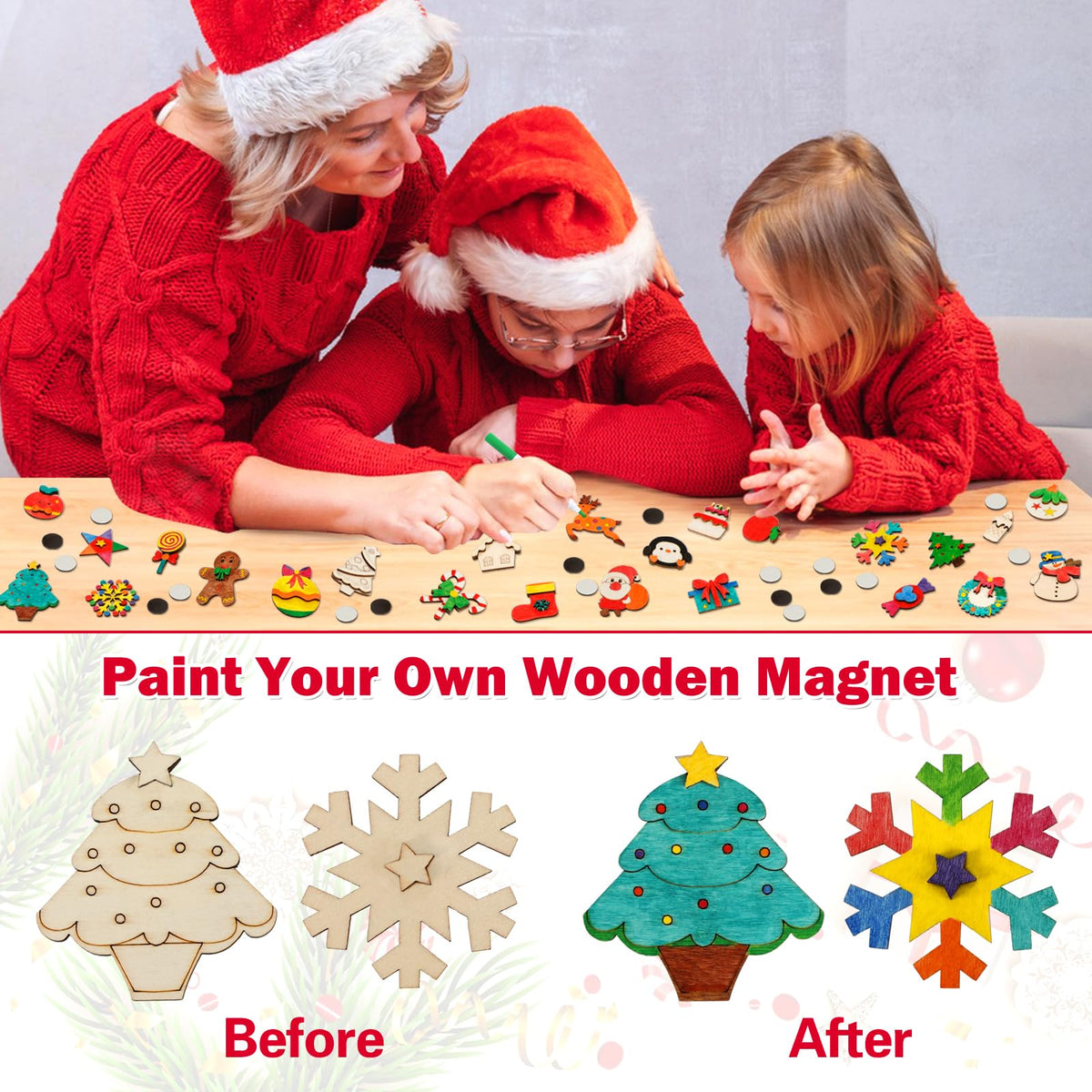 Worgree Christmas Crafts for Kids, 36pcs DIY Wooden Magnets Art Craft Supplies Painting Kit for Boys Girls Ages 4-8 8-12 Xmas Stocking Stuffers Toys Party Favors Gifts Goodie Bag Fillers Holiday Decor