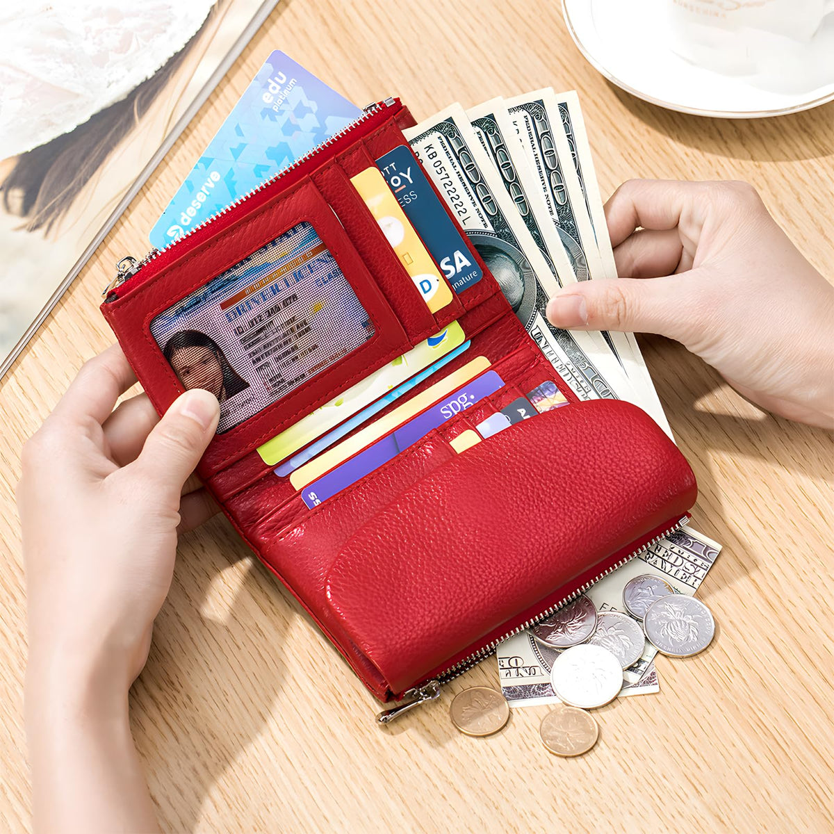Unisex Pebble Leather Wallet, 5.3In Short Genuine Leather Coin Card Holder, Two zippered pockets, Unisex Clutch Bags, Can Hold Coins, Cards, Id Cards (Yellow)