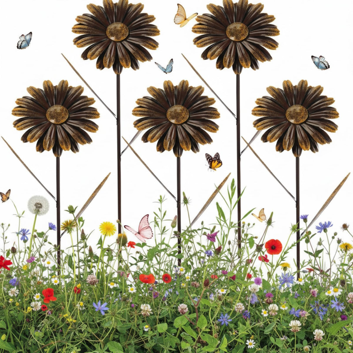 5 Pcs 11.8 Inch 3D Rusty Metal Garden Stakes, Weatherproof Decorative Plant Picks for Farmhouse Outdoor Yard, Lawn, Patio & Walkway(Daisy)