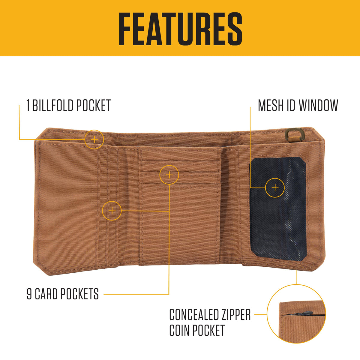 Carhartt Mens 700D Nylon Duck Wallets, RFID-Blocking W/Trifold and Front Pocket Options, Carhartt Brown (Trifold)