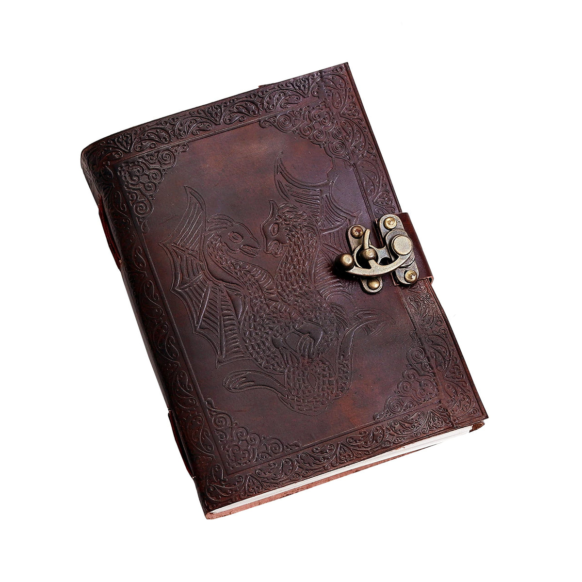 AzureGreen DOUBLE DRAGON Blank Page BOOK Handcrafted Leather Writing Unlined 5 x 7 JOURNAL (MEDIUM, Brown With Claps)