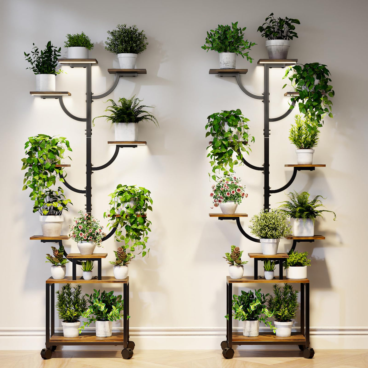 Plant Stand Indoor with Grow Lights - 9-Tier Plant Stand with Wheels, Tall Metal and Wood Indoor Plant Shelf with Tree Design, Rolling Flower Pot Holder Rack with Waterproof Finish, Adjustable Display Stand for Home Garden, Patio, 62" Tall