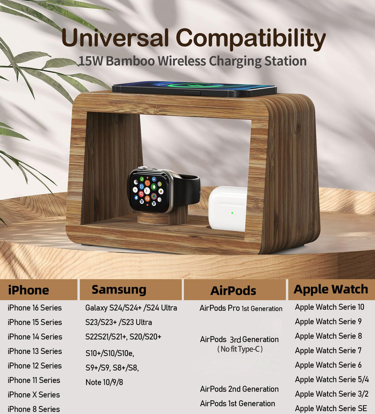 Bamboo Charging Station for Multiple Devices,15W Fast Wireless Charging Station with Nightlight, 3 Color & 4 Adjustable Brightness Compatible with Phone/Watch/AirPods