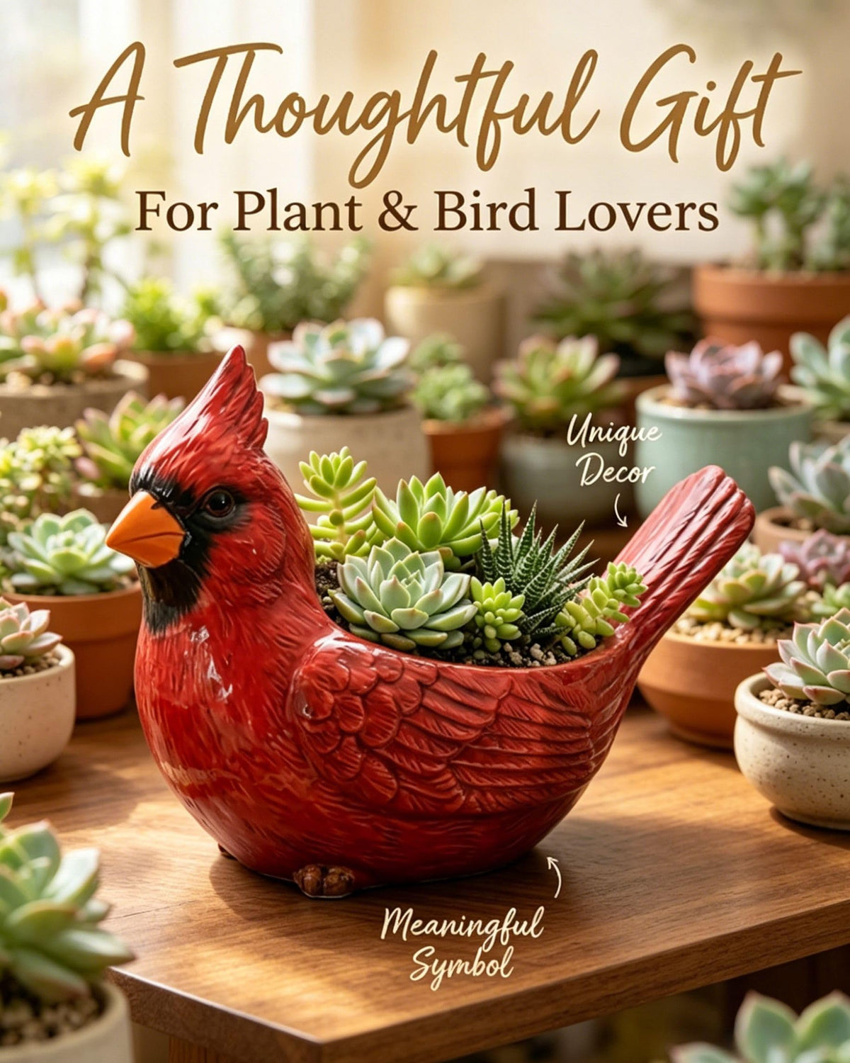 Nosecado Cardinal Bird Succulent Planter, Red Birds Plant Pot, Cardinal Succulent Planter Flower Plant Pot, Small Bird Planter for Desk Windowsill Garden Decor, Unique Gift (Red)