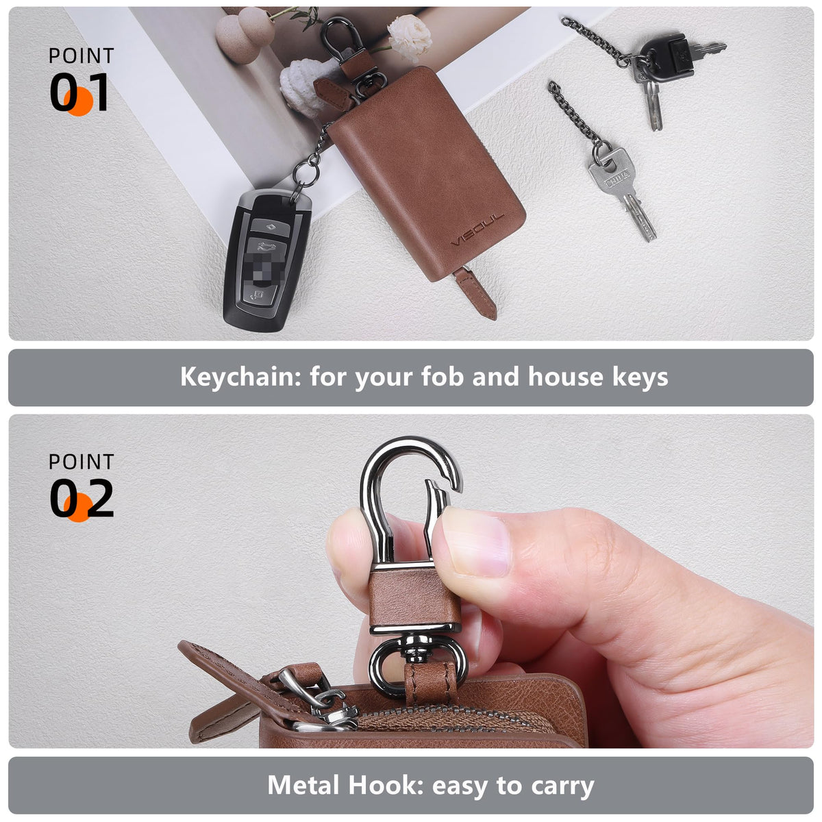 VISOUL Car Key Case Holder Double Zipper, Leather Car Smart Key Fob Case with Keychain for Men and Women-Brown
