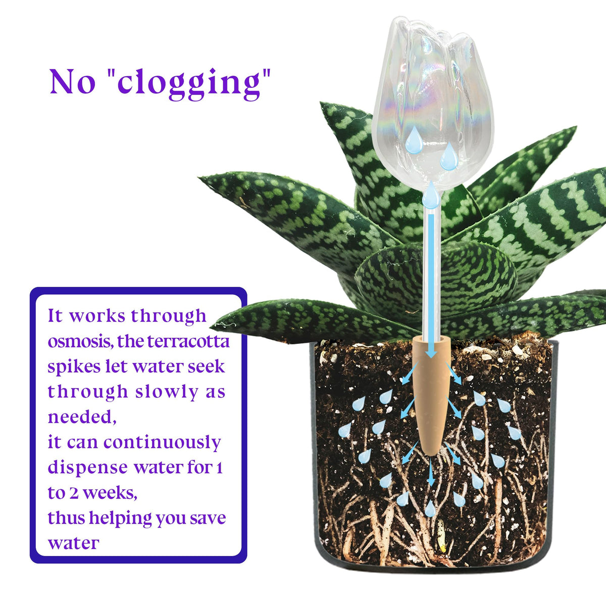 HyJeryty Non-Clogging Iridescent 3 Pack Tulip Plant Watering Globes with Terracotta Spikes, Hand Blown Glass Self Watering Planter Insert Plant Watering Devices Bulbs for Indoor and Outdoor Plants