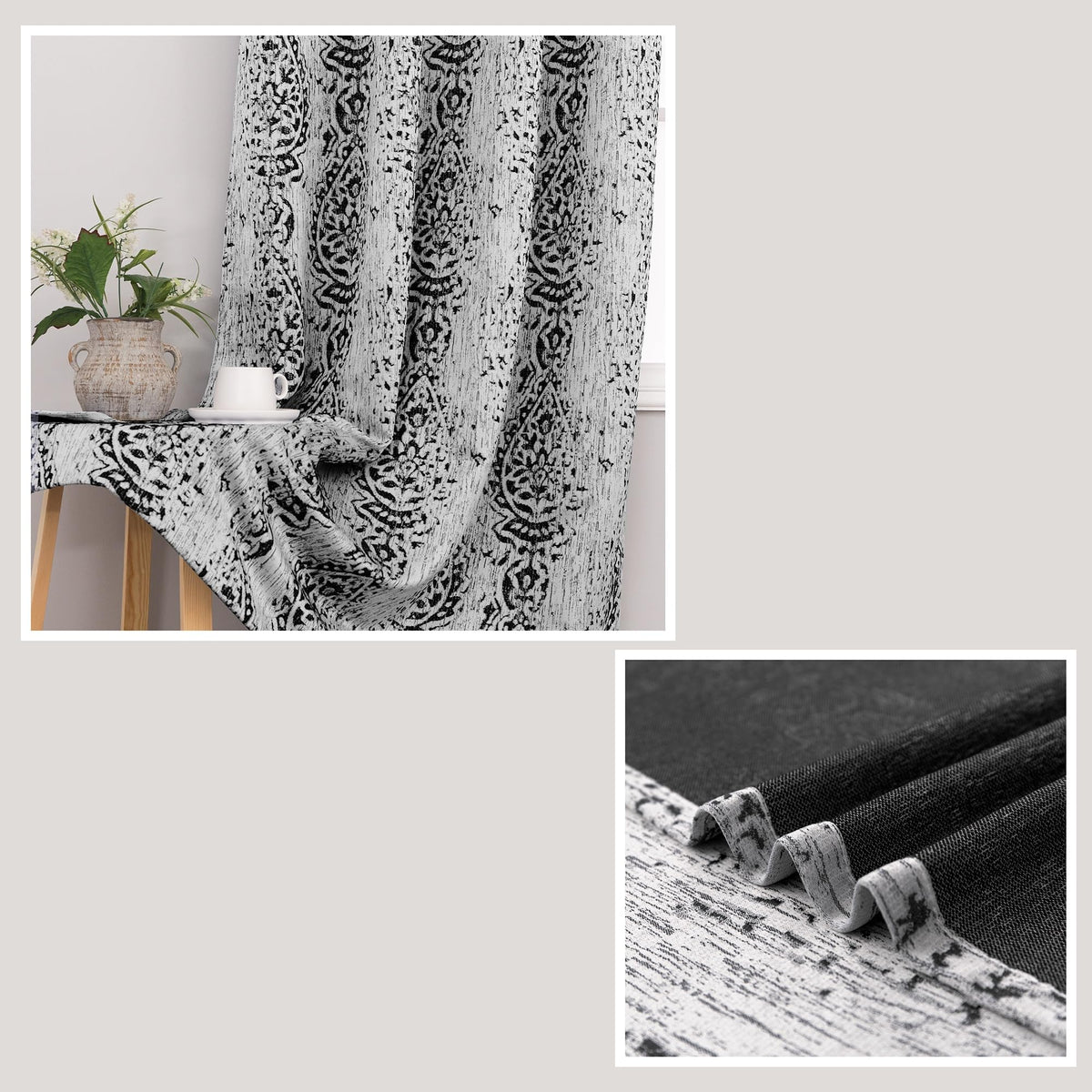 Black and Grey Cream Living Room Curtains 84 Inches Long Damask Patterned Dark Light Blocking Window Treatments Room Curtains Drapes for Bedroom,52x84 Inch Length 2 Panels Set