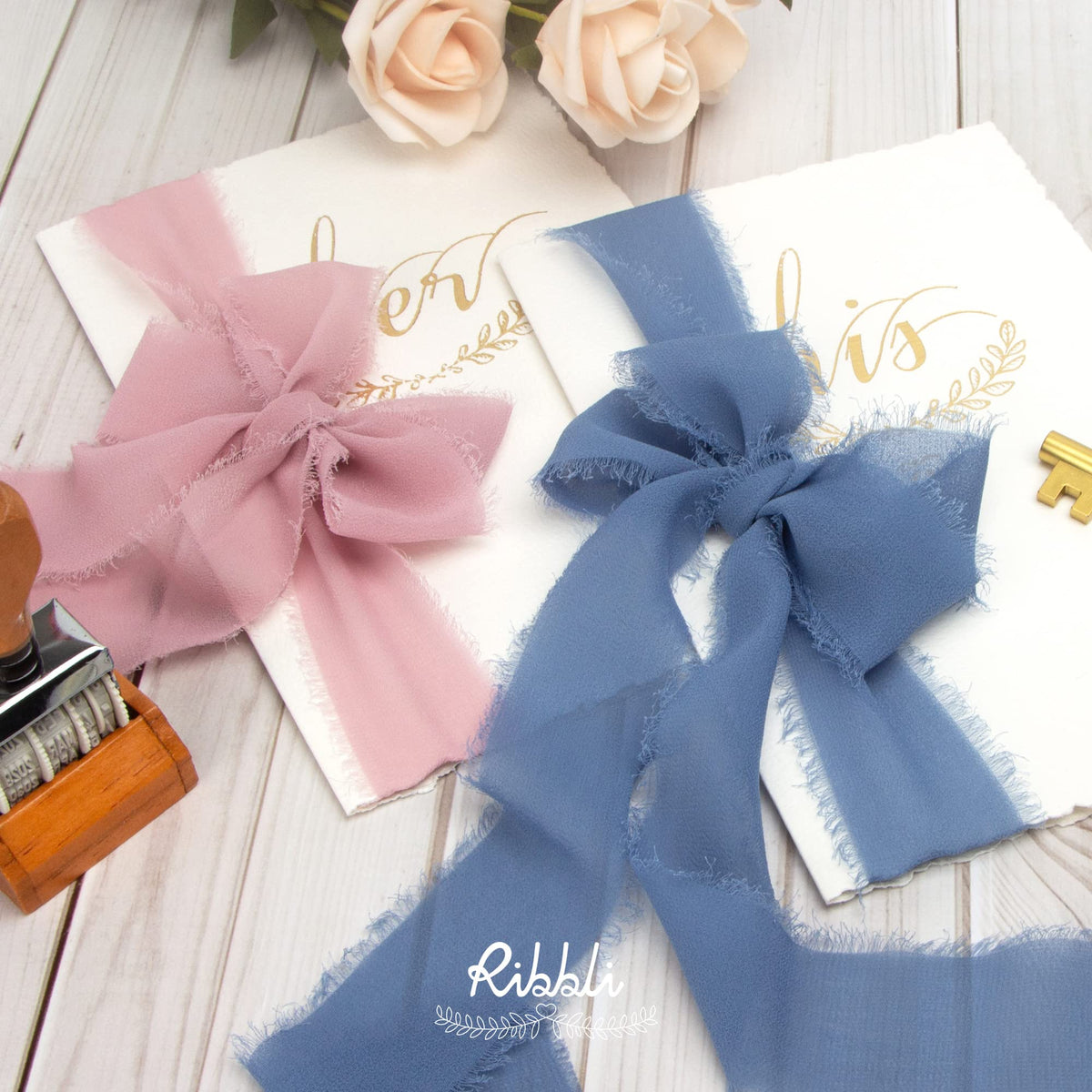 Ribbli Dusty Blue Chiffon Ribbon 1-1/2 inch x 20 Yard Handmade Fringe Chiffon Silk Ribbon for Wedding Invitations, Bridal Bouquets Wrapping, Flower Arrangement Decoration