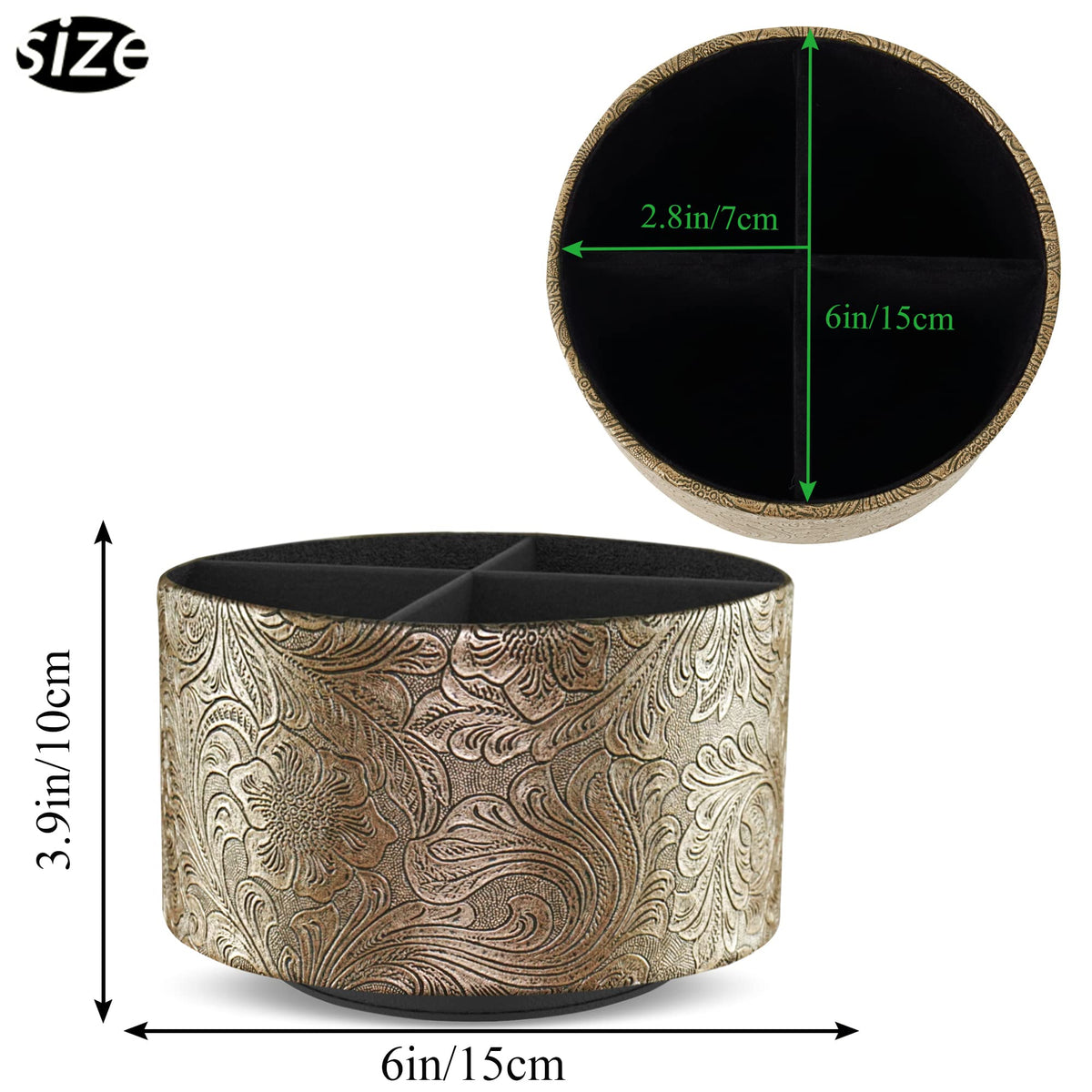 lizimandu Round Leather Art Supply Organizer,Remote Control Holder,360 Degree Spinning,Multi-Functional Pencil Holder,4 Compartments Desktop Stationary Organizer(1-Gold)
