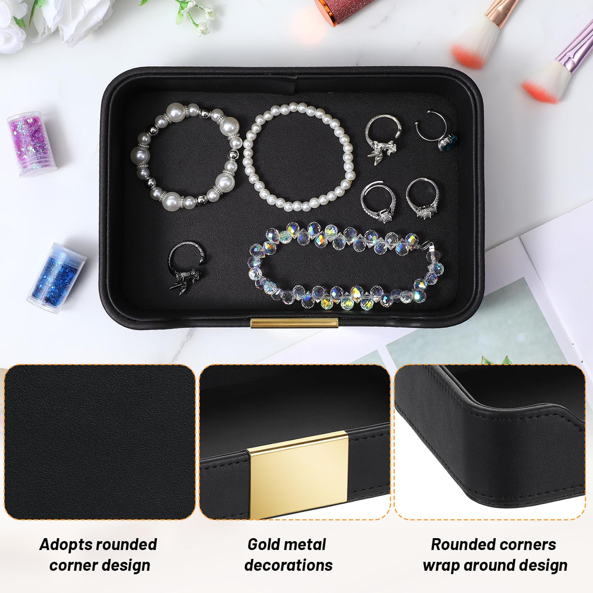 HOFURME Luxury Leather Valet Tray Desktop Storage Organizer, Bedside Vanity Catchall Tray Nightstand Caddy Holder for Cosmetic, Jewelry, Watch, Keys, Phone,Wallet, Remote Controller, Pen (Black)
