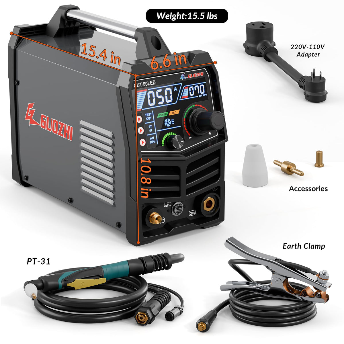 GZ GUOZHI Plasma Cutter, 50Amp 110/220V Dual Voltage IGBT Inverter Plasma Cutting Machine, [Pilot Arc][Large LED Display][Air Sensor] 1/4" Clean Cut 3/4" Max Cut, 2T/4T for Beginners DIY