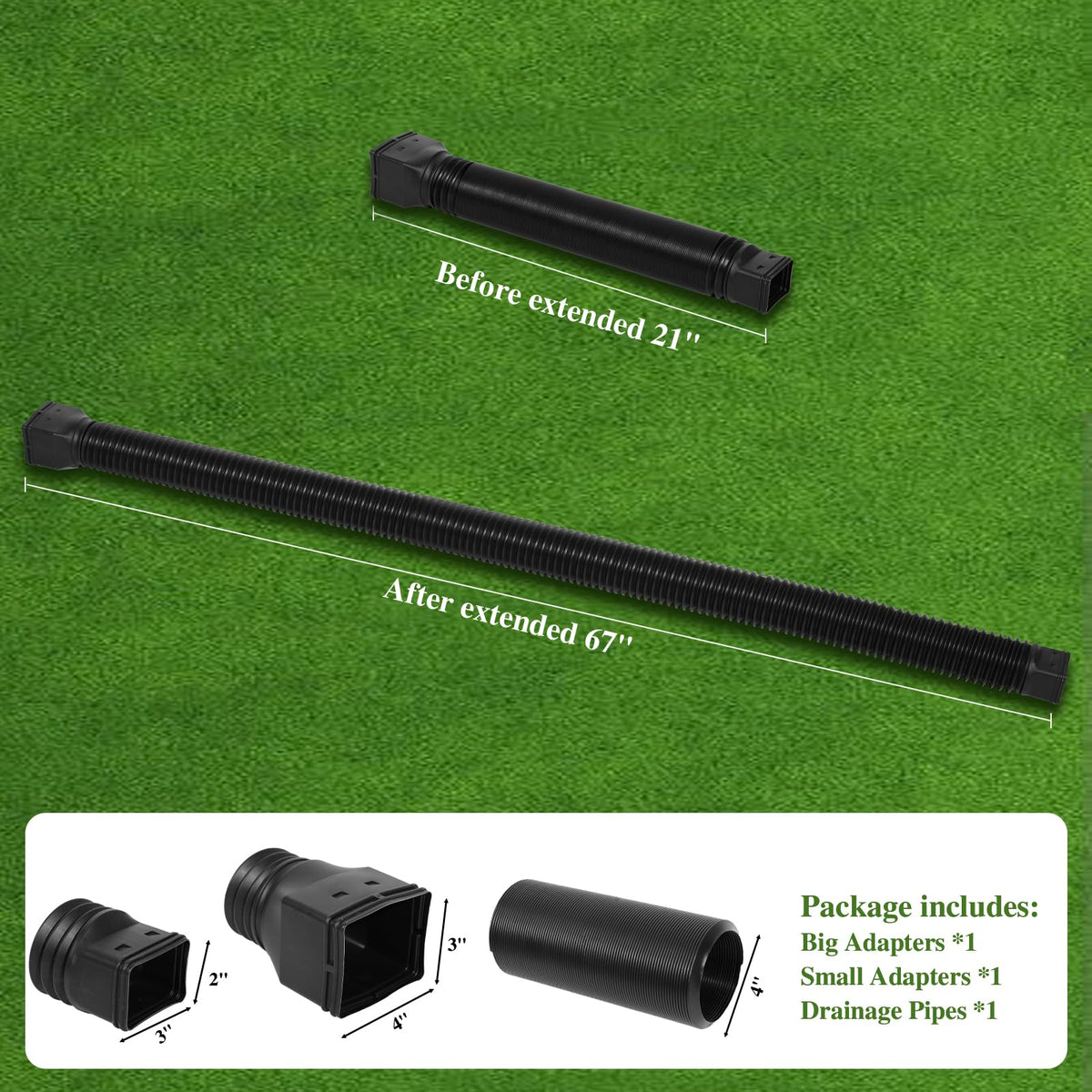 Gutterlix 1 Pack Flexible Gutter Downspout Extensions Extendable from 21" to 67", Downspout Extender Comes with Adapters, Thickened Down spout Drain Extension for Rainwater Drainage(Black)