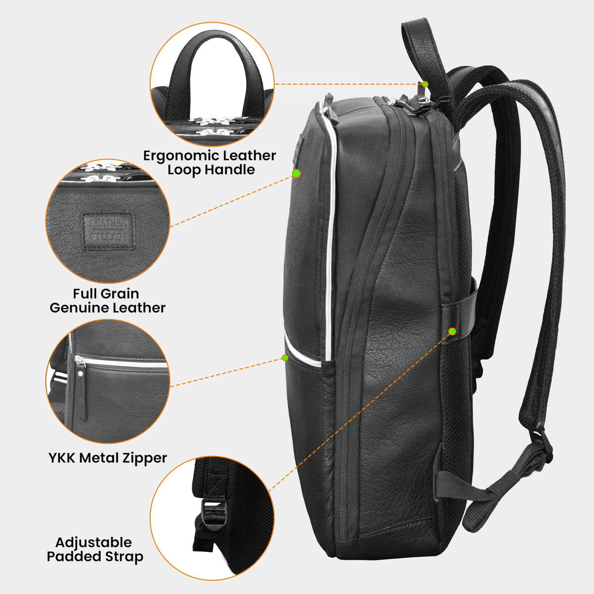 LEATHER VILLAGE Leather Laptop Backpack for Men | Black | Slim Professional Business Bag Fits 15.6”-Laptop | Water-Repellent Work & Travel Daypack with Trolley Strap