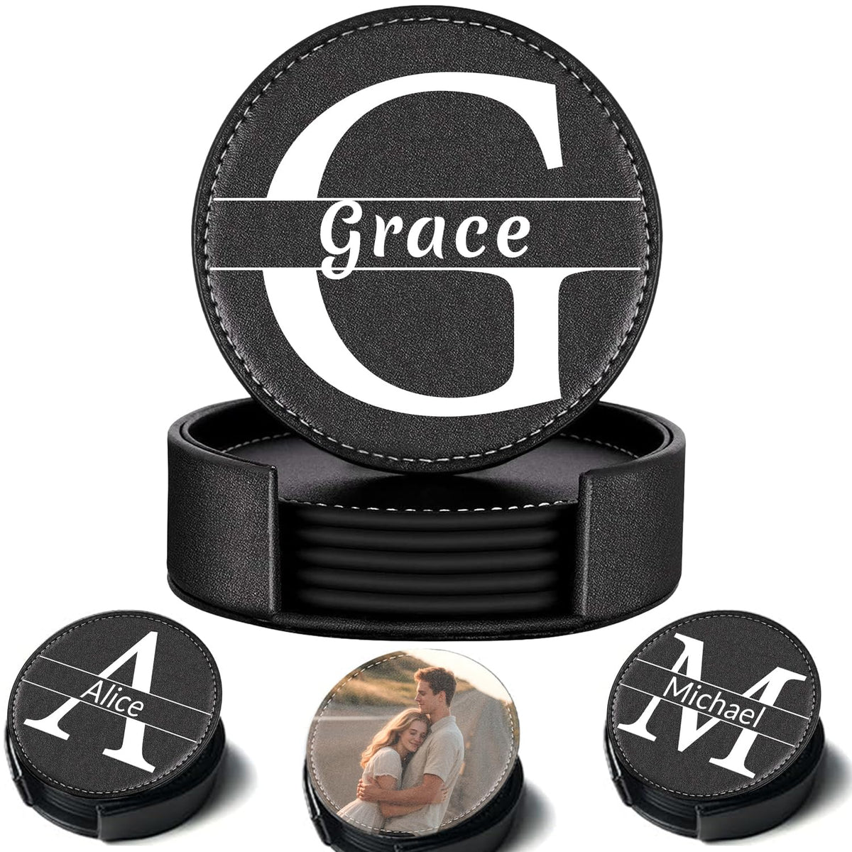 Custom Leather Coaster, Personalized Set of 6 Coasters for Drinks with Holder, DIY Logo Name Image, Durable, Non-Slip, Waterproof Leather Coaster for Home, Office, Bar, Cup Housewarming (Round)