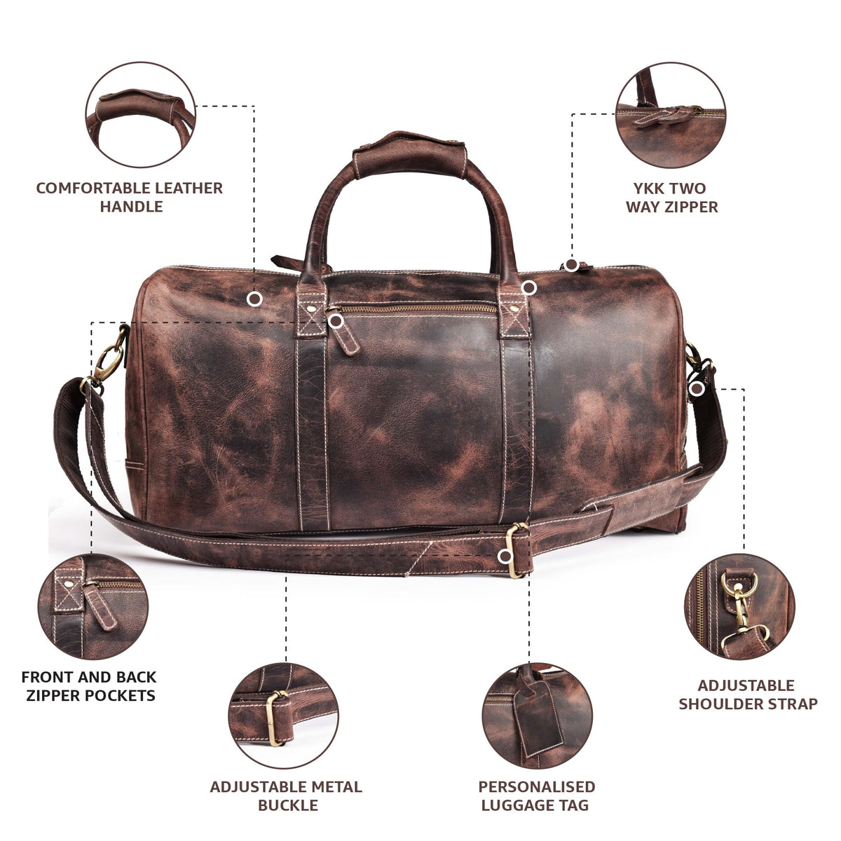 Leather Village Leather Duffel Bags for Men & Women-Stylish Travel Weekender Carry-On Sports Gym Overnight Luggage Bag - 20 Inch - Rustic Brown