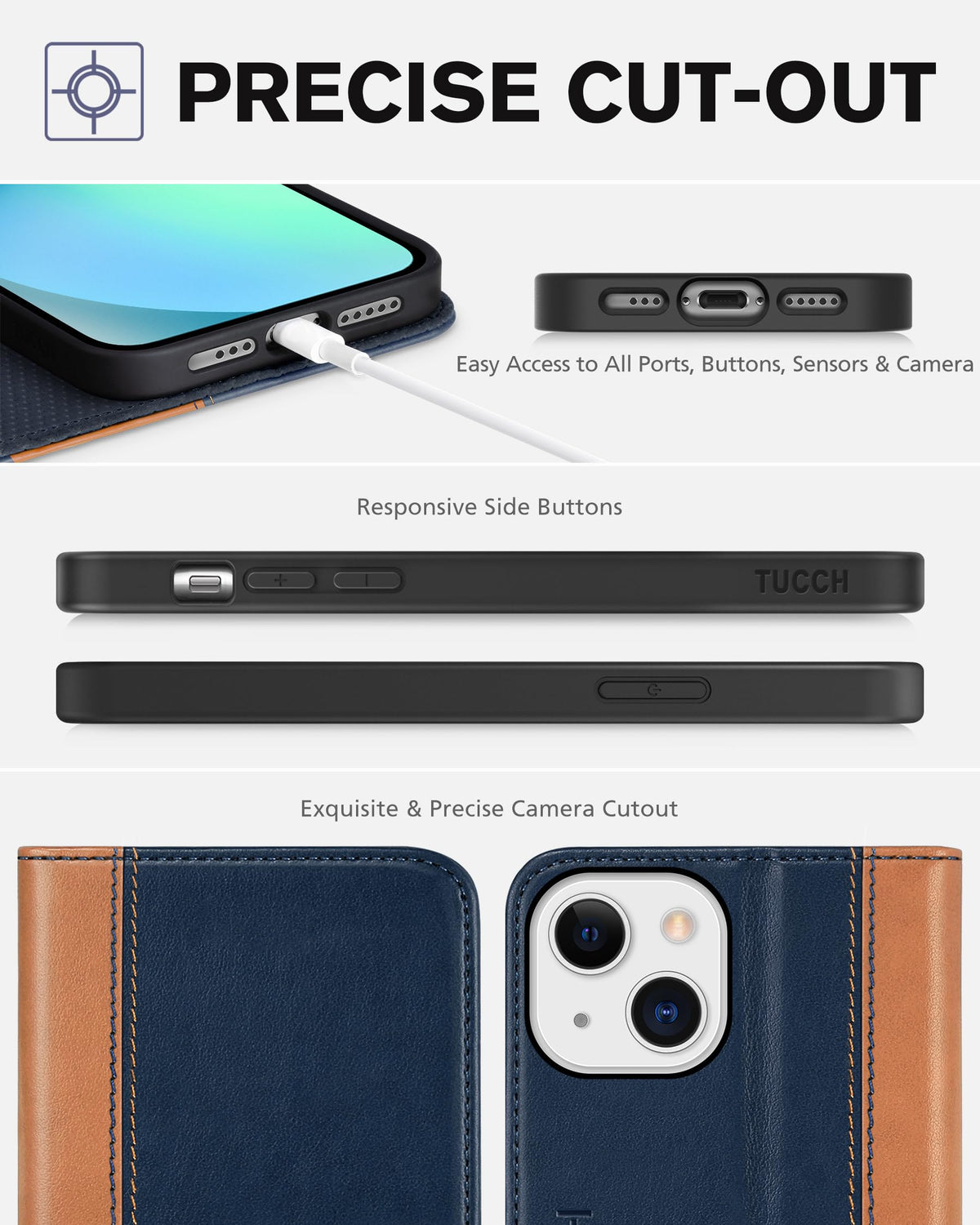 TUCCH Case for iPhone 13 Wallet Case 5G, [Card Holder] Slots Folio PU Leather Cover, Kickstand Flip Case with [TPU Shockproof Interior Case] Compatible with iPhone 13 6.1-inch 2021, Brown & Dark Blue