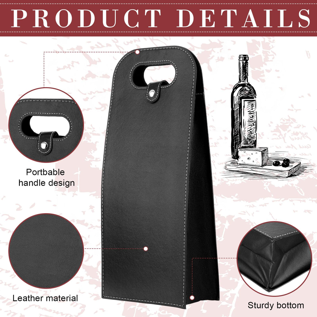 FillTouch 6 Pcs Double Wine Bag Reusable Leather Wine Tote Carrier 2 Bottle Portable Gift Bags Champagne Beer Bags for Valentine Father's Day Thanksgiving Christmas Birthday Party(Black)