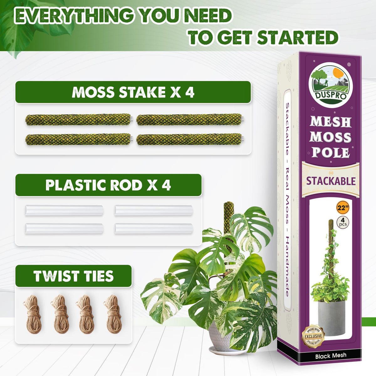 DUSPRO 4 Pack 22" Black Stackable Mesh Moss Pole for Plants – Extendable Up to 71", Natural Forest Moss Pole Monstera Plant Support, Moss Stick for Climbing Plants, Indoor Plant Stakes Accessories