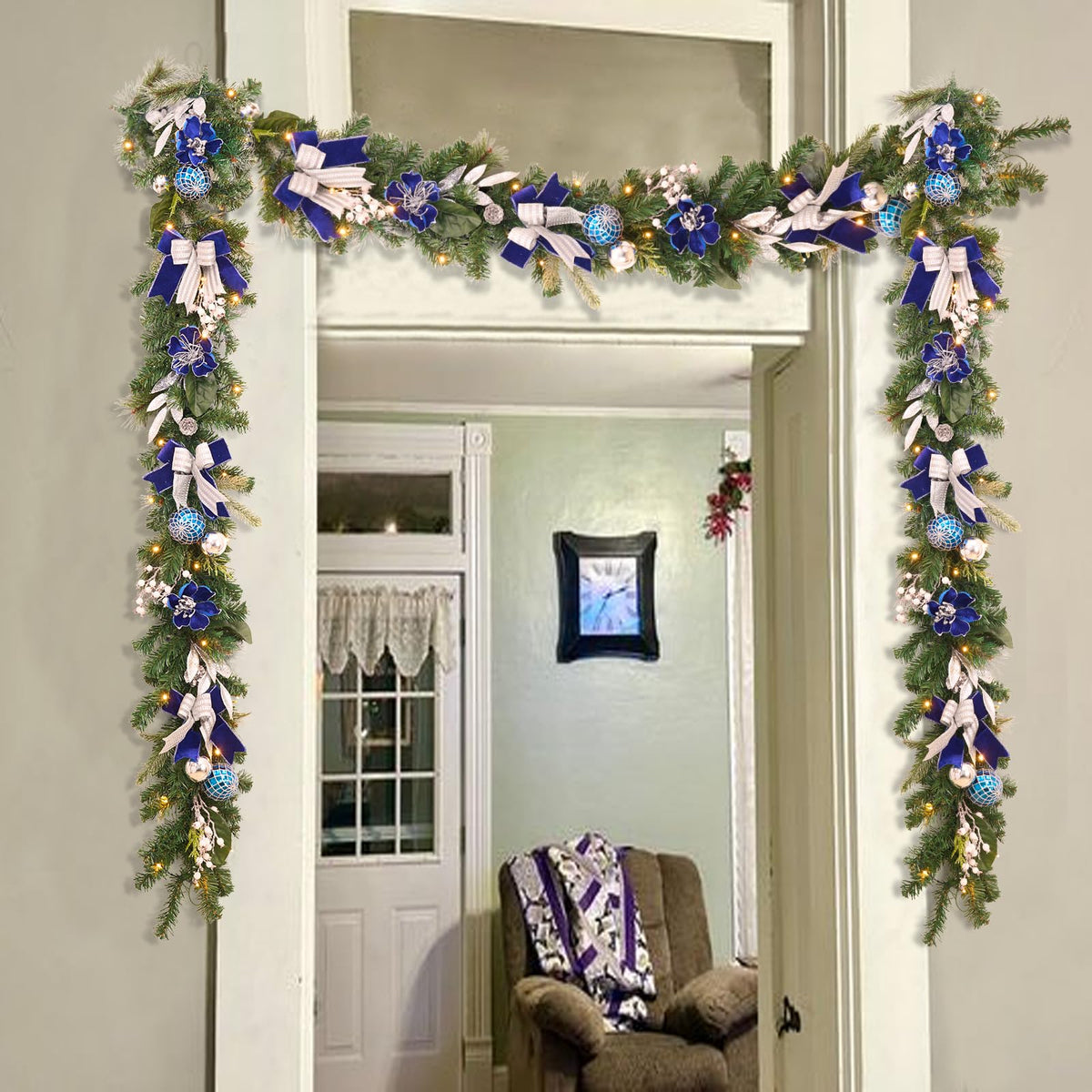 Pre-Lit Christmas Garland for Front Door with 20 LED Lights,6 ft Silver Blue Lighted Christmas Garland for Mantel Fireplace Window Stairs Holiday Decoration with Timer,Magnolia Winter Decor