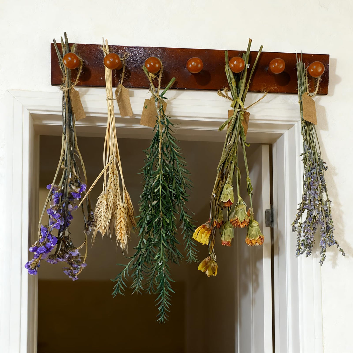 Tnstbiee Rustic Hanging Herb Drying Rack–Space-Saving Design Holds 7 Bouquets,Fits Window,Door Kitchen Areas-Great for Kitchen Witches Herb Display-Unique Gift for Gardening Enthusiasts-Wall Art Décor