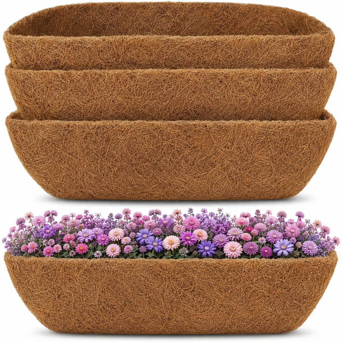 Y&M 4pcs 24" Trough Coco Liner for Window Box Deck Basket Planter Trough Coconut Fiber Liners, Coconut Fiber Pre-Formed Replacement