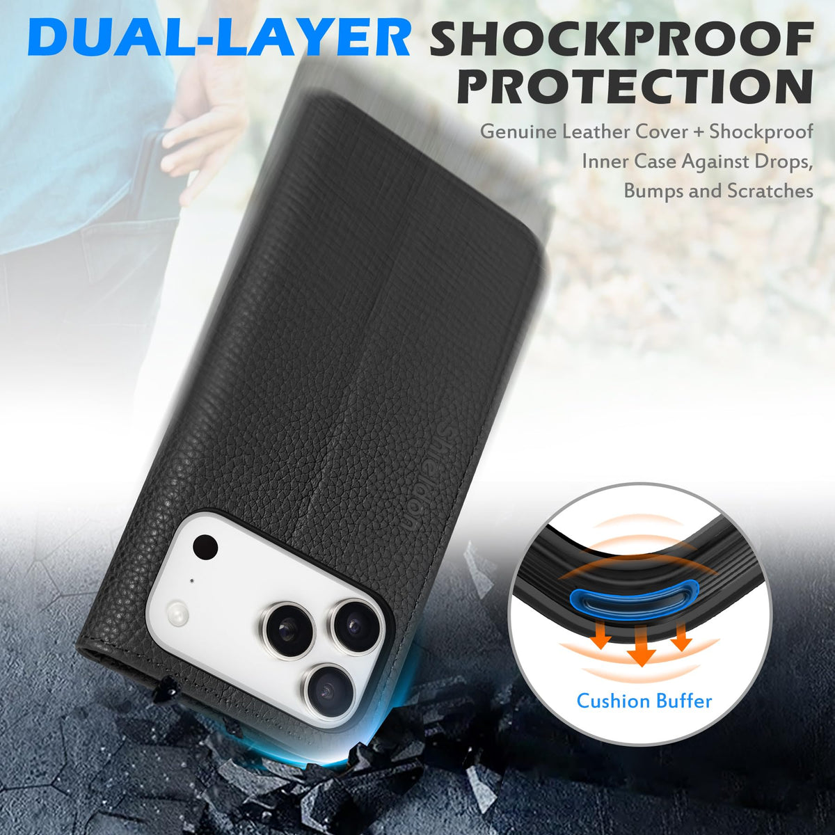 SHIELDON Real Leather Case Wallet for iPhone 17 Pro Max 6.9-inch | Foldable, Kickstand, RFID Blocking Credit Card Slot, Magnetic Closure, TPU Protective Inner Cover 5G 2025 - Pebbled Black