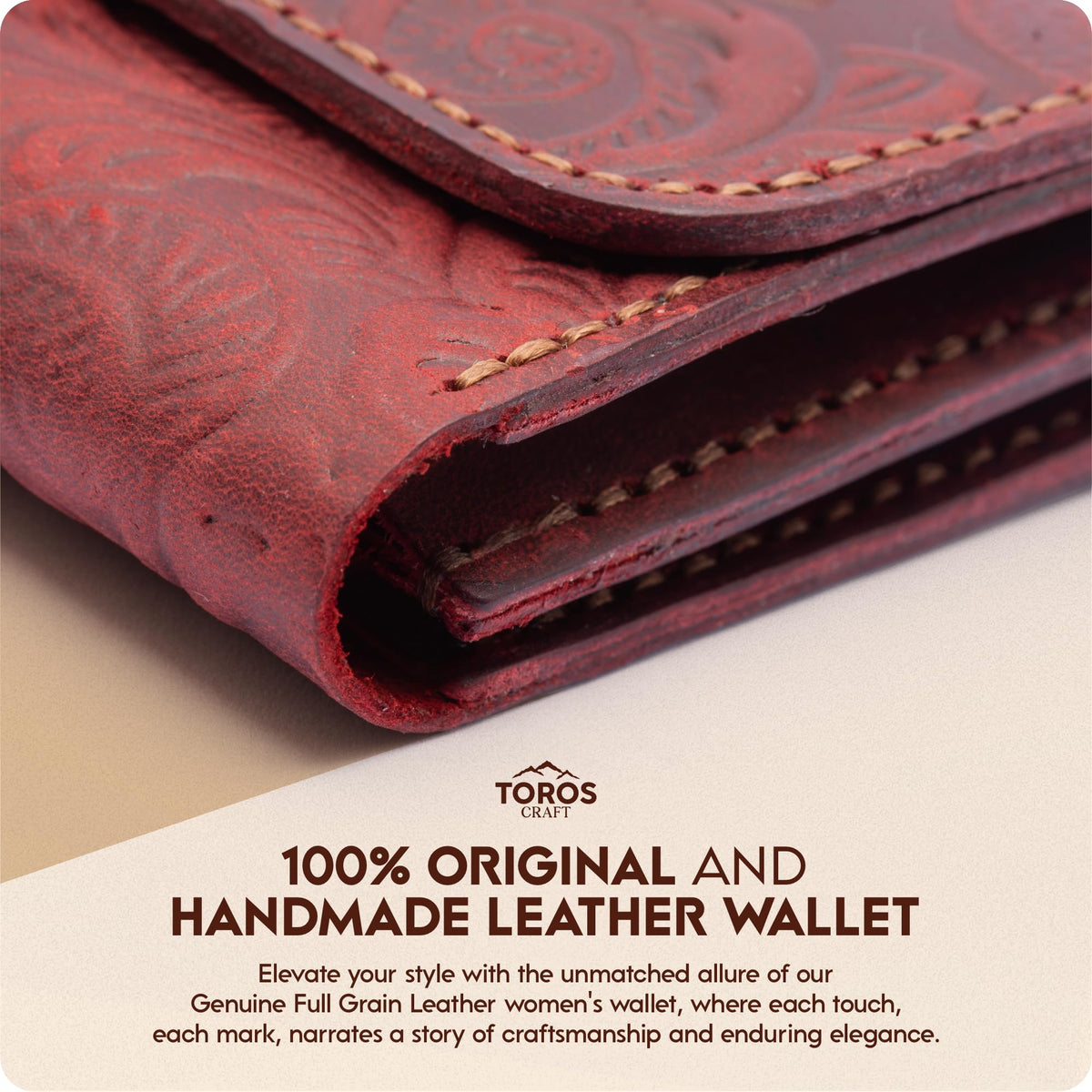 Toros Craft Handmade Wristlet Wallets for Women, Western Leather Small Credit Card Holder with Zipper, Minimalist & Cute Coin Pouch, Genuine Leather, Red