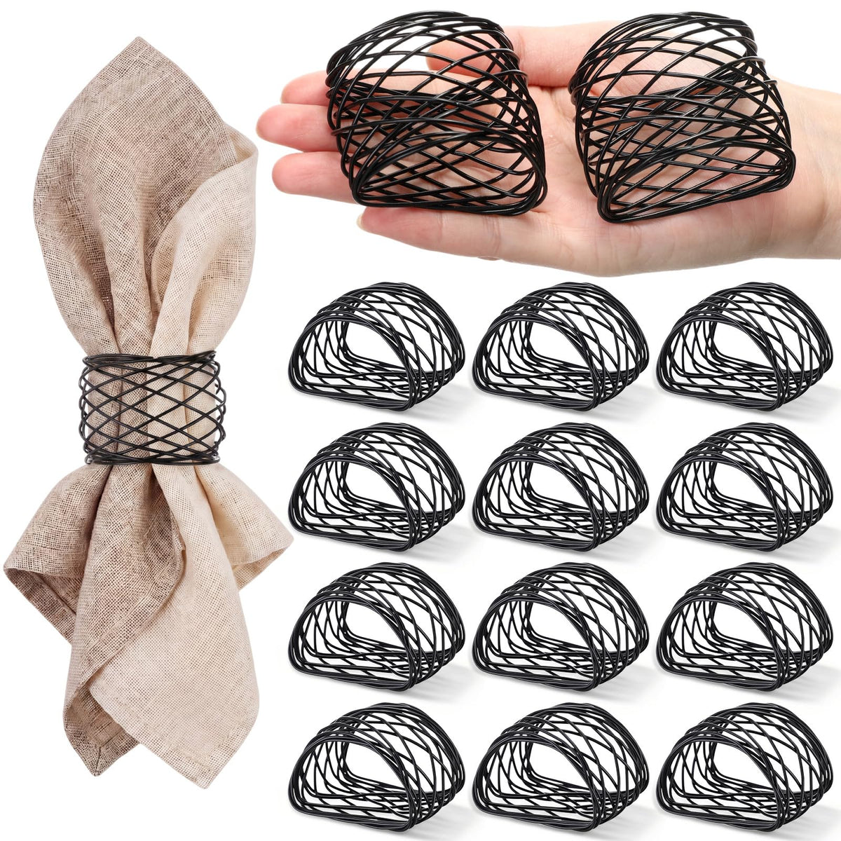 LemonRoad 12 Pcs Black Wedding Metal Napkin Rings Twisted Wire Mesh Napkin Holder Buckles Modern Boho Minimalist Semicircle Serviette Ring Rust Resistant Decorations for Cloth Napkins Dinner Banquet