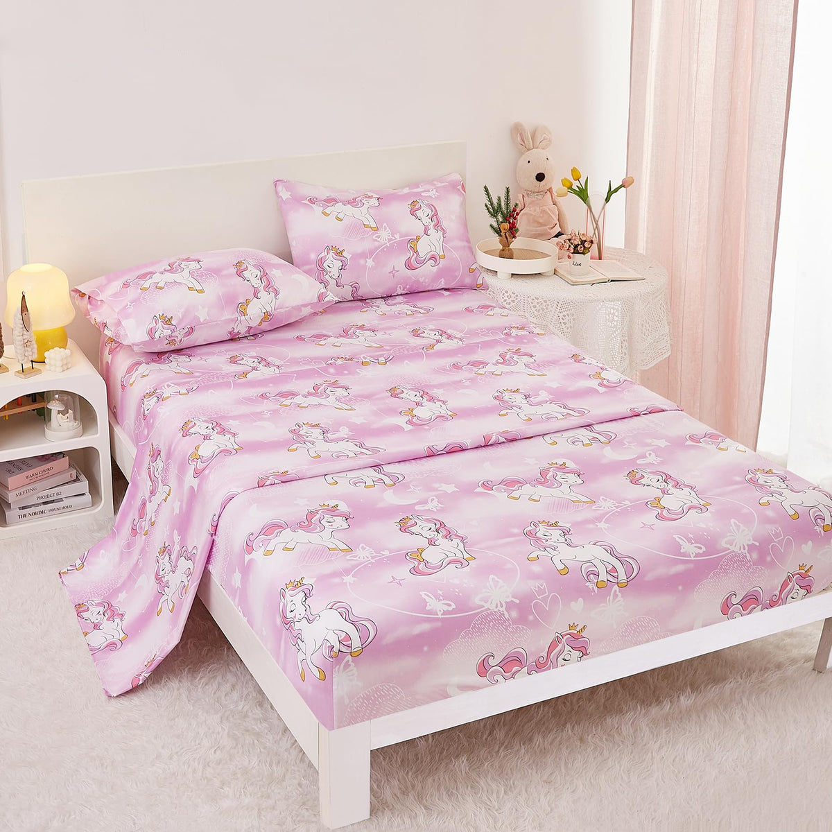 Yibeizi Unicorn Full Size Sheet Set for Girls, Kids Cute Princess Printed Bedsheet Microfiber Deep Pocket Bedding Sheets & Pillowcases 4 Pieces