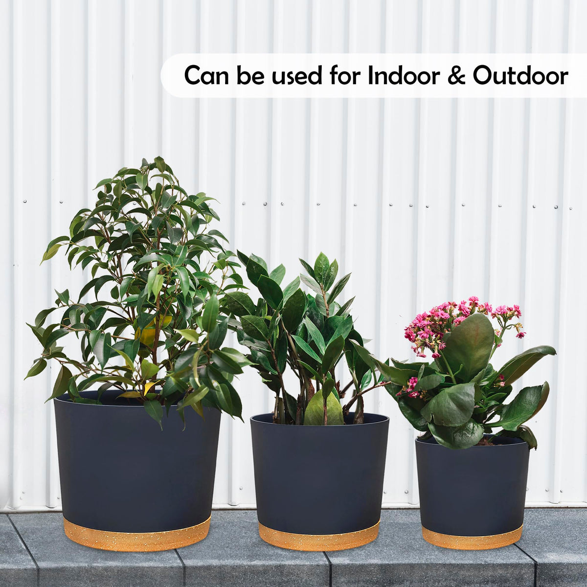 RUBBER BOND Plastic Plant Pots 3 Pack - Modern Indoor/Outdoor Planters for Home Decor - Weather-Resistant Flower Pots - Ideal for Stylish Garden and Patio Decor (Grey Round)