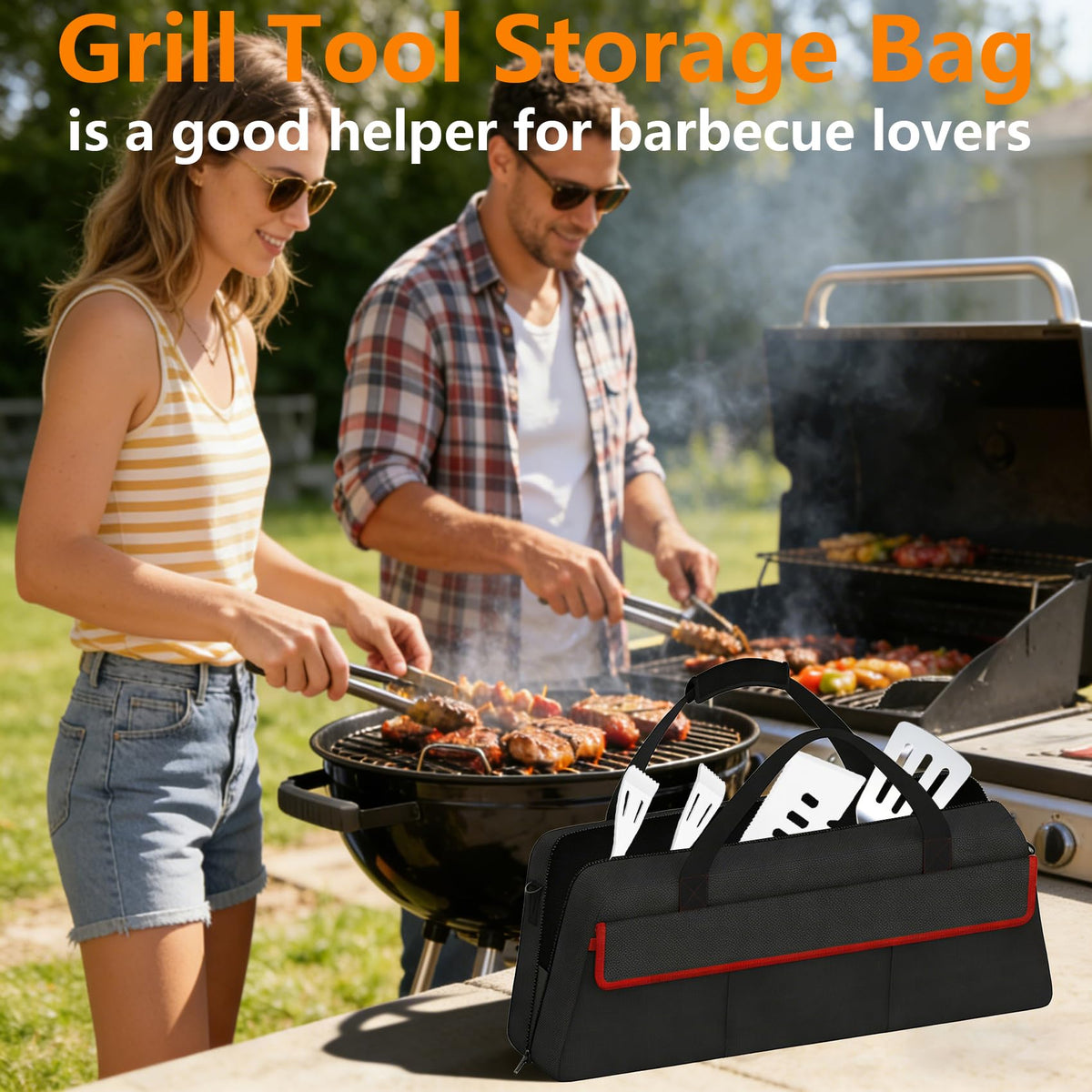Grill Tool Storage Bag,Grill Utensil Storage Bag for Barbecue Tool up to 22",BBQ Utensil Storage Caddy with Pockets,Barbecue Utensil Case for Outdoor Grilling, Camping, Bag Only
