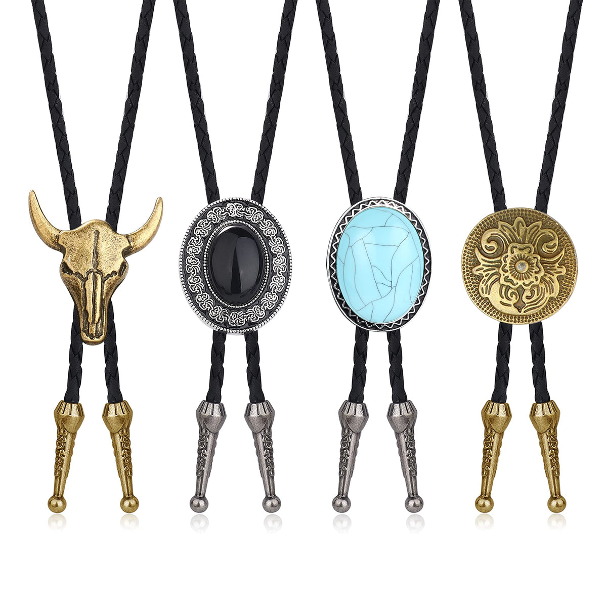 CASSIECA 4Pcs Handmade Bolo Tie for Men Western Cowboy Leather Necktie Halloween Costume Accessories for Men Women