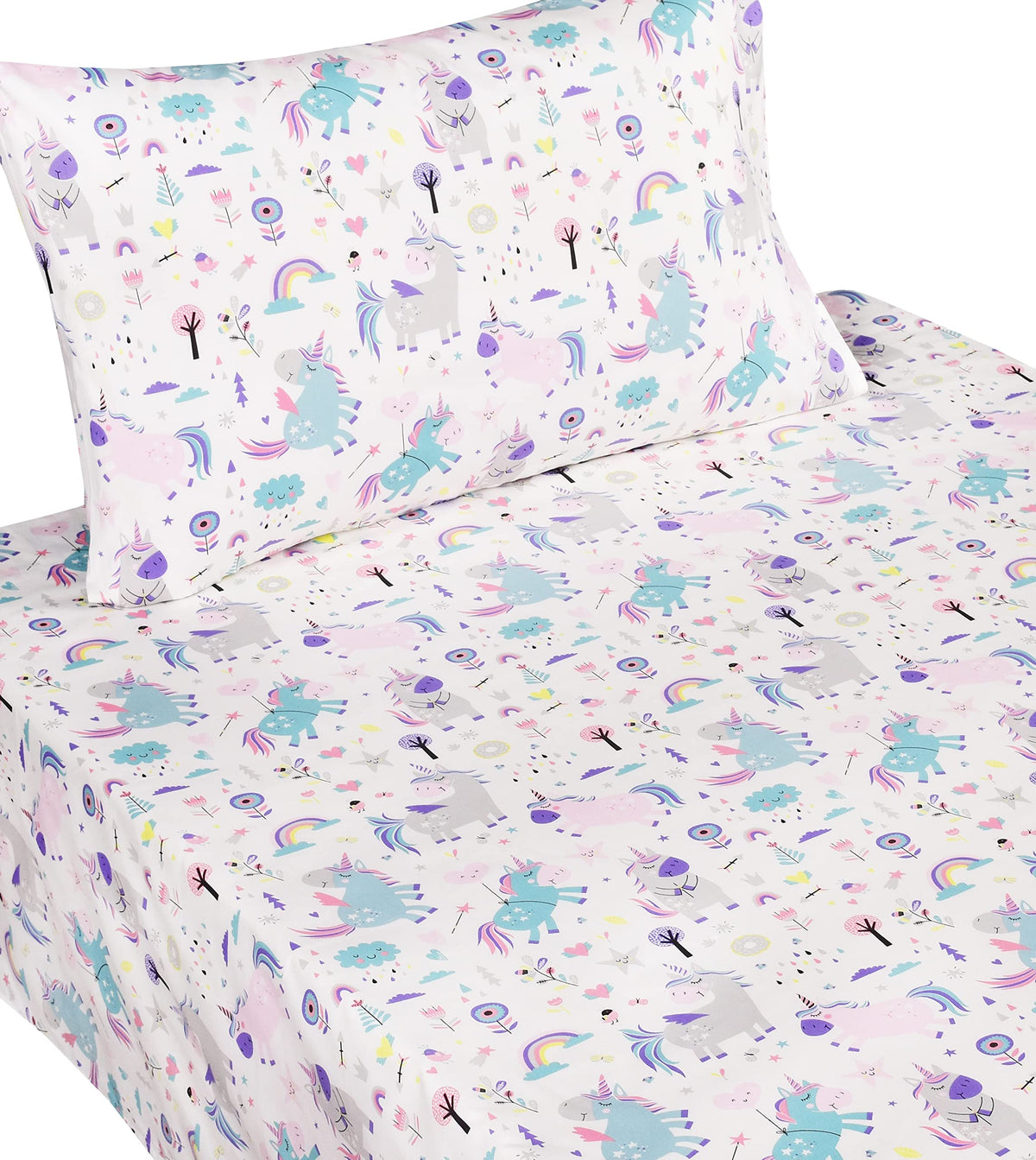 Scientific Sleep Cute Unicorn Flower Rainbow 100% Cotton Cozy Twin Bed Sheet Set, Flat Sheet & Fitted Sheet & Pillowcase Natural Bedding Set (Unicorn, Twin)