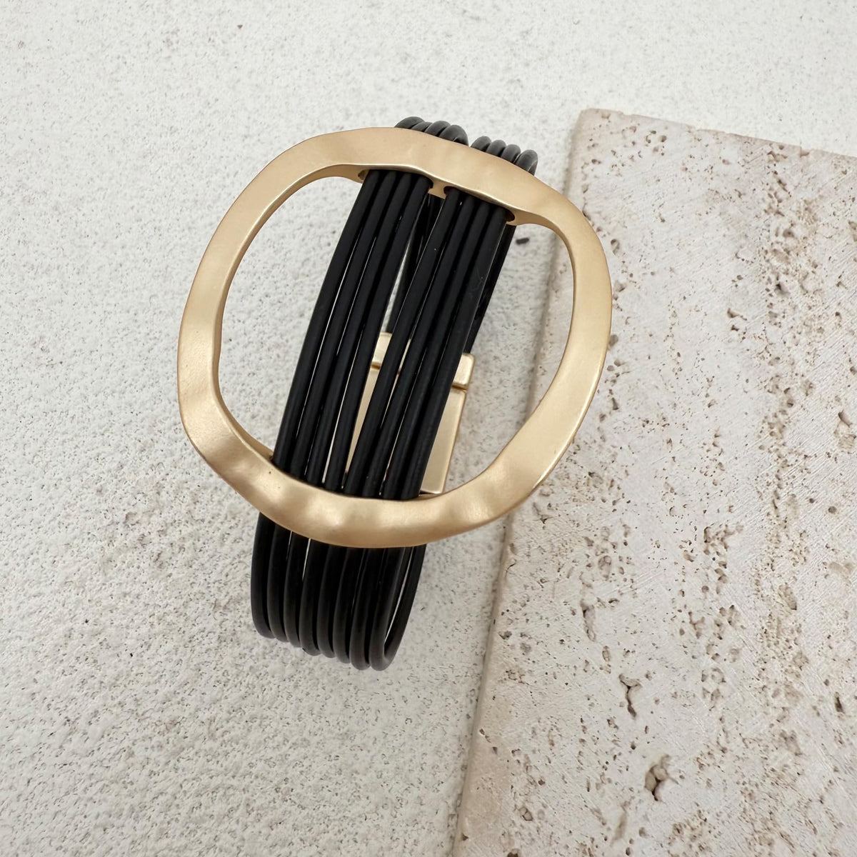YYWANGART Gold and Black Leather Bracelet Large Disk Bangle Minimalist Multi Strand Leather Wrap Bracelet for Women