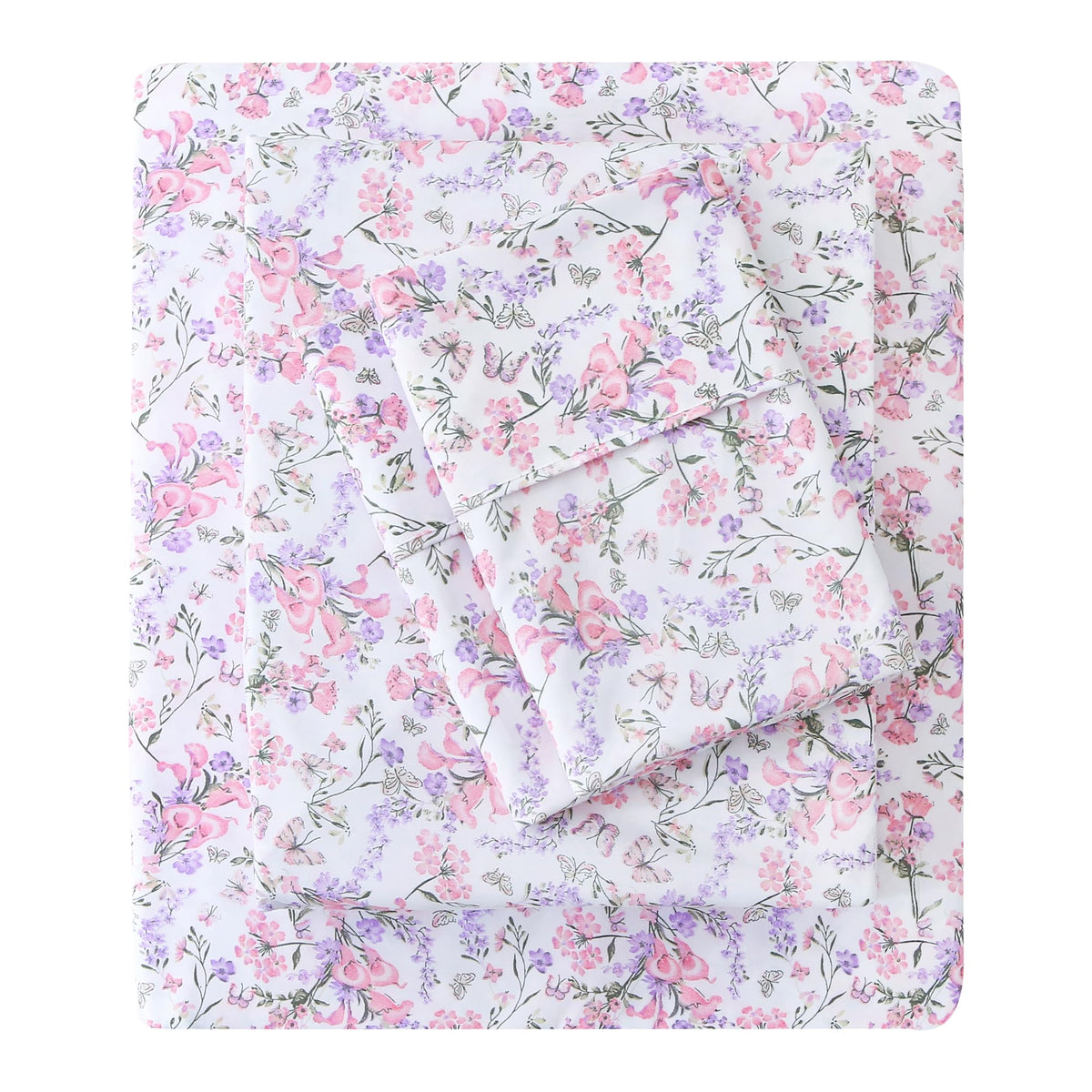Mooreeke Cozy Vintage Microfiber Printed Full Sheet Set - Soft Breathable Percale Cotton Floral Bed Sheets with Deep Pocket - Non-Slip Fitted Design - Pink Purple Flowers Pattern