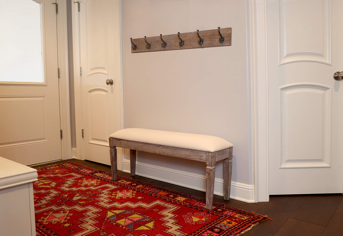 Decor Therapy Waverly Wood Bench with Coat Rack Set, Set of 2, White with Cream Cushion