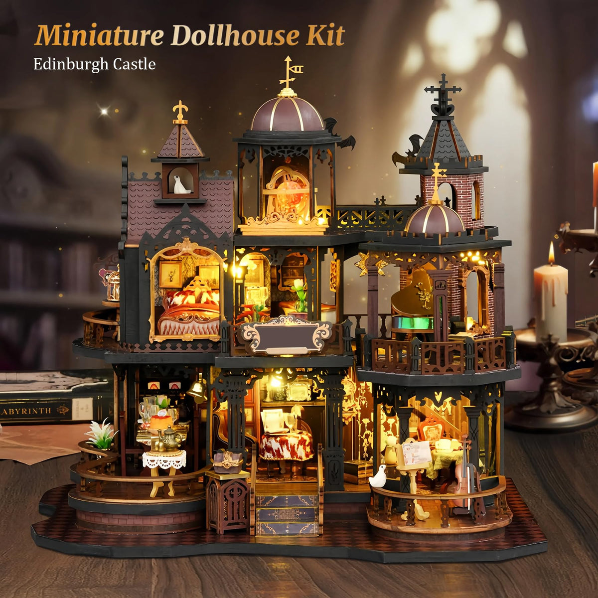 SUNNINO Miniature Dollhouse Kit, DIY Mini House Building Kits for Adults to Building with Furnitures Tiny House Bookshelf Decor Christmas Birthday Gifts for Family Lovers, Edinburgh Castle
