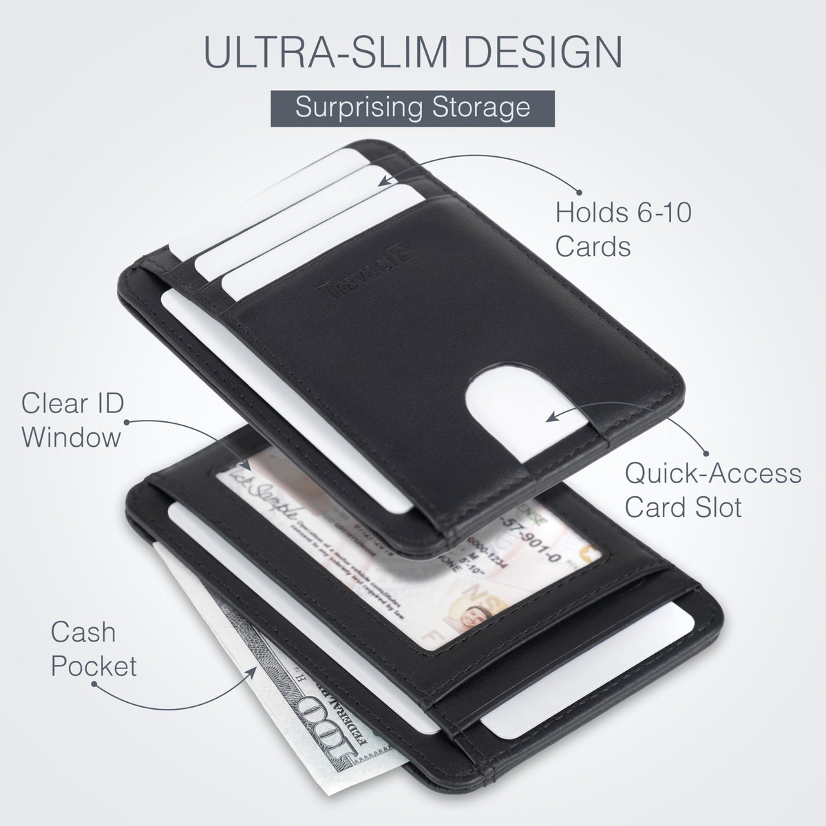 Travaci Full Grain Leather Slim Wallet for Men and Women - Small Minimalist Wallet and Leather Card Holder - Thin Front Pocket Credit Card Holder - Black