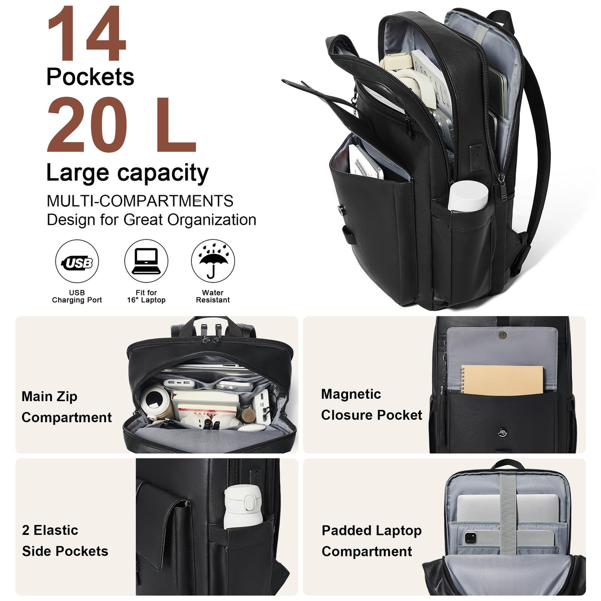 Shrrie 16 inch Vegan Leather Laptop Backpack with USB Charger,Smart Computer Backpack for Men and Women Business,Work,Office,College