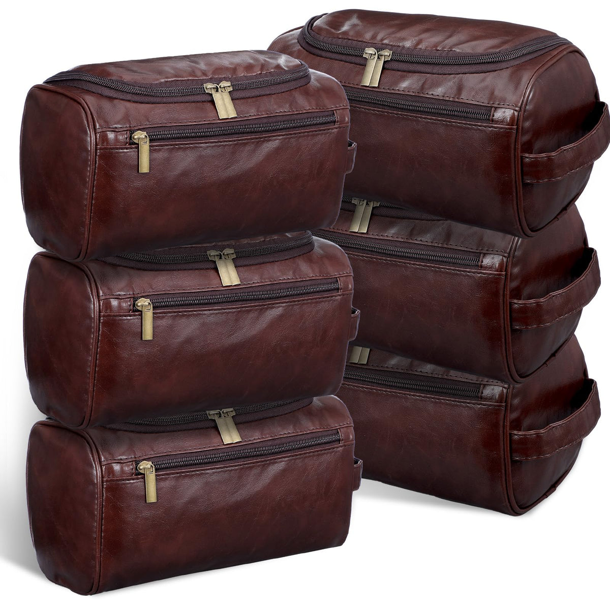 Giloaou 6 Pack Premium Groomsmen Toiletry Bags - PU Leather Travel Shaving Kit with Hook, Wedding Proposal Gift Set for Men, Father, Best Man (Dark Brown)