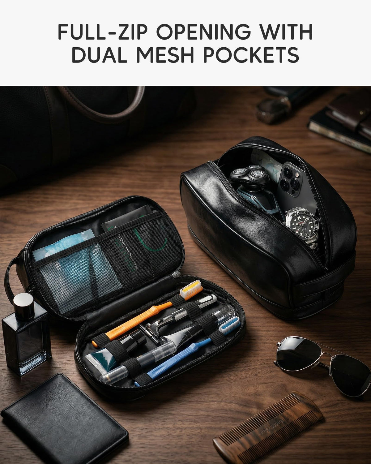 Nixjoro TSA Approved Toiletry Bag for Men Vegan Leather Travel Essentials Shaving Dopp Kit Toiletries Organizer Case for Grooming Farther Day Gift,Black