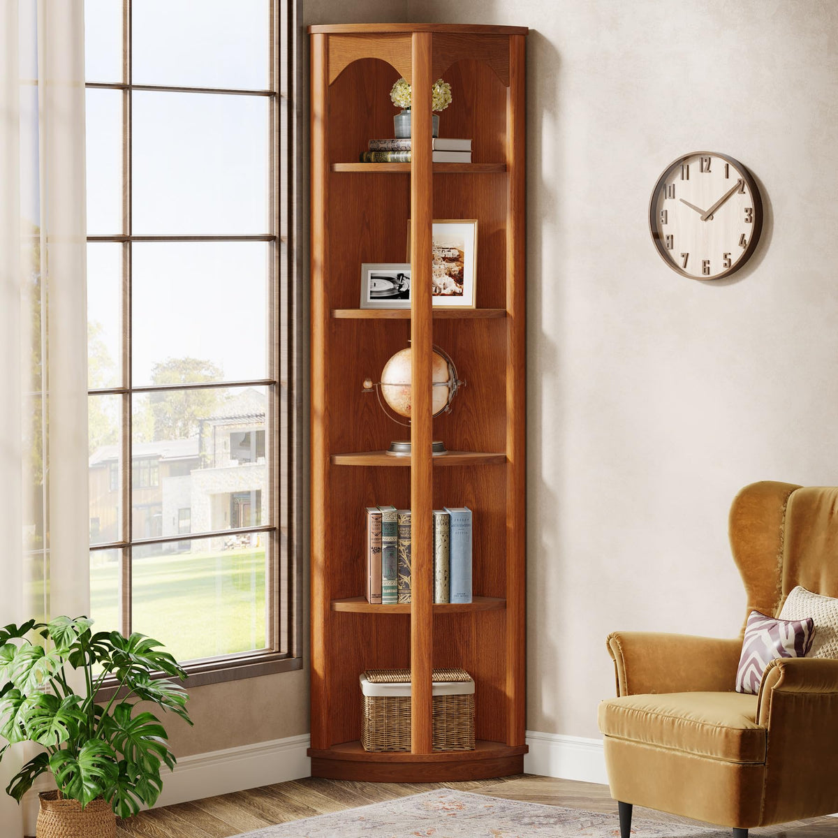 Tribesigns 5-Tier Corner Shelf, 67-Inch Tall Corner Bookshelf Bookcase with Unique Shape, Narrow Shelving Unit Storage Rack for Living Room, Home Office, Kitchen, Small Space