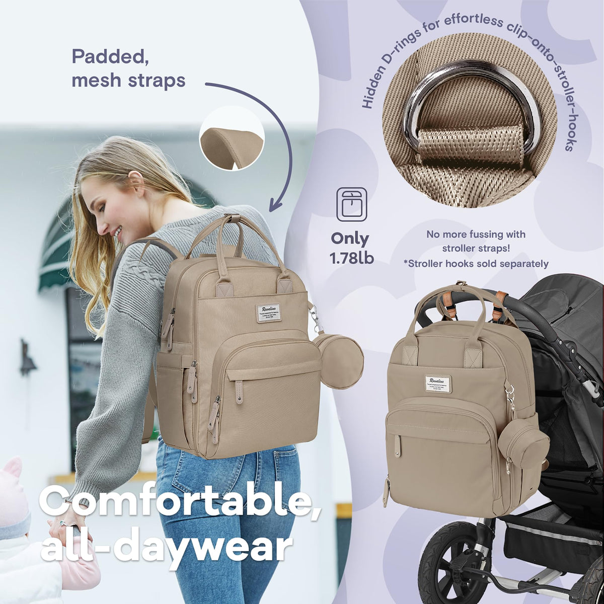 RUVALINO Diaper Bag Backpack-Multifunction Baby Travel Bag with Changing pad, Insulated Bottle Holders & Pacifier Case, Large Capacity, Waterproof, Clay
