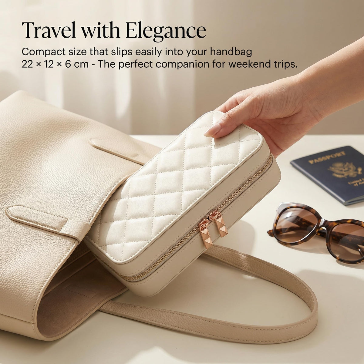 Lumayina Travel Jewelry Case with Mirror, Quilted Small Jewelry Box Organizer for Women Girls, Portable Earring Necklace Bracelet Ring Holder Storage for Travel Weekend Trips (Beige)