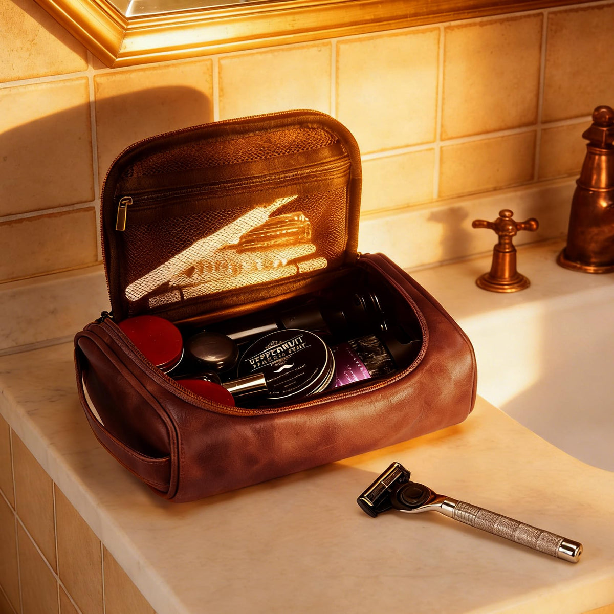 Aganmi Personalized Toiletry Bag Fathers Day Birthday Gifts for Men Dad Husband, Laser-Engraved Initial Waterproof PU Leather Toiletry Organizer Dopp Kit Shaving Bag Travel Essential Reddish Brown J