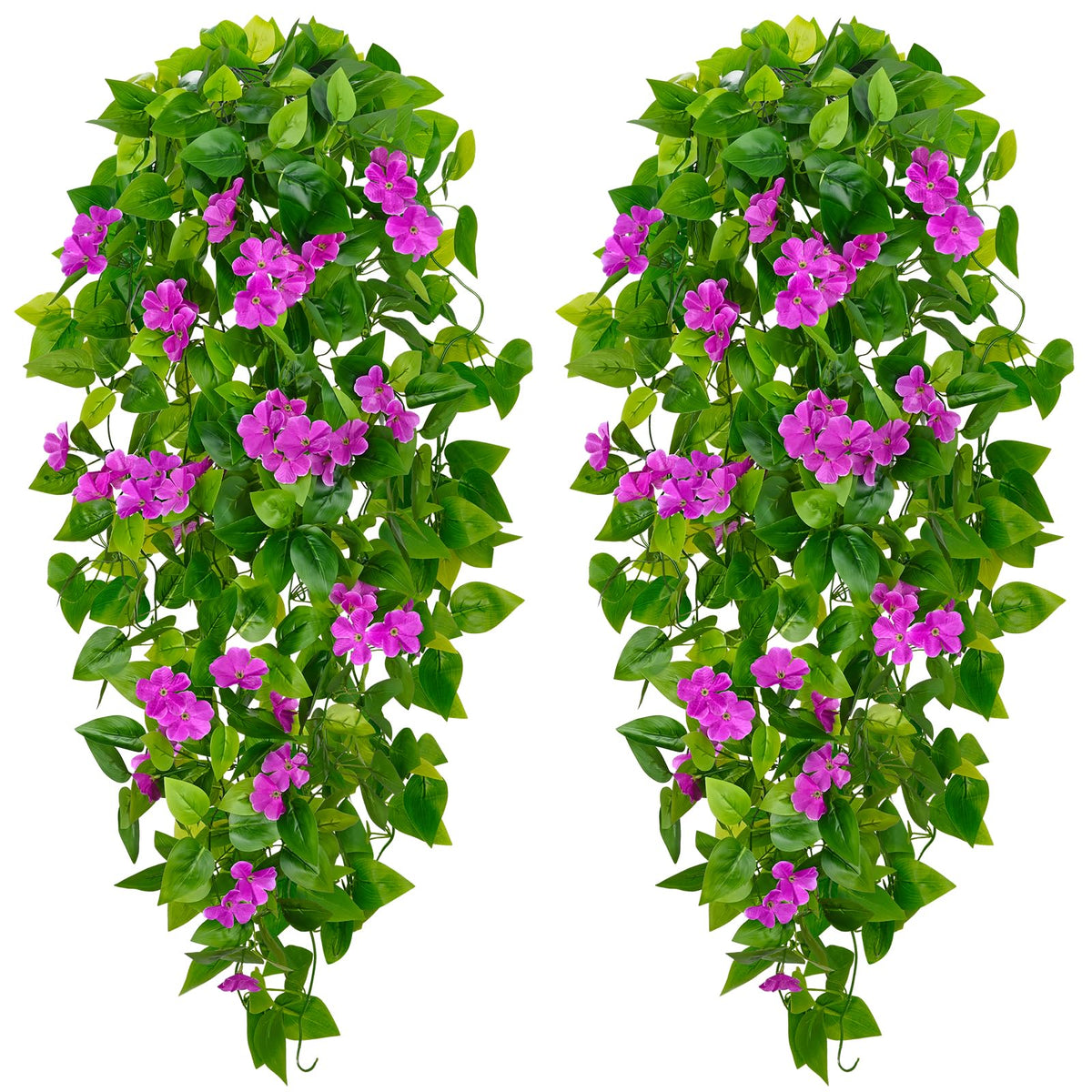 BLEUM CADE Artificial Hanging Flowers for Outdoors, 2pcs Fake Hanging Plants Pothos Vines with Purple Flowers for Wall Home Living Room Indoor Outdoor Decor (No Baskets)